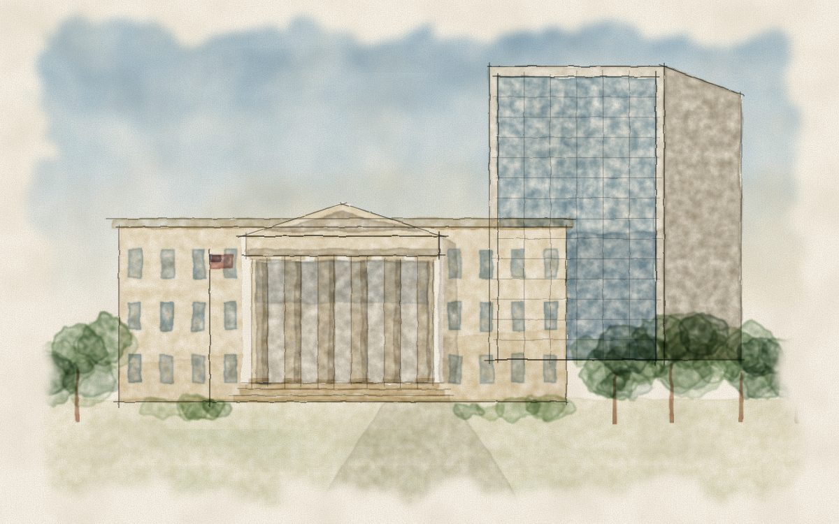 Watercolor illustration of a historic courthouse with a modern annex
