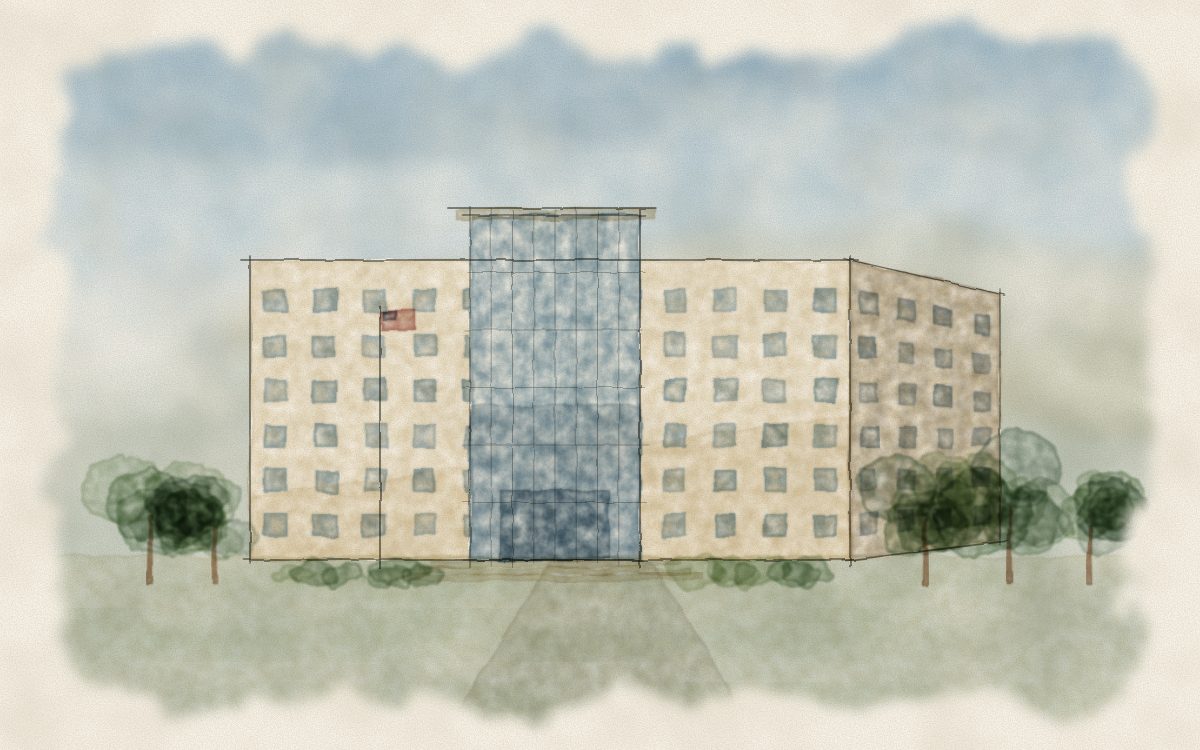 Watercolor illustration of a modern federal courthouse