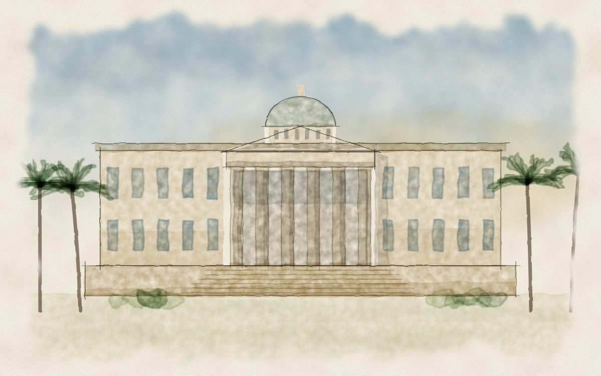 Watercolor illustration of a historic custom house