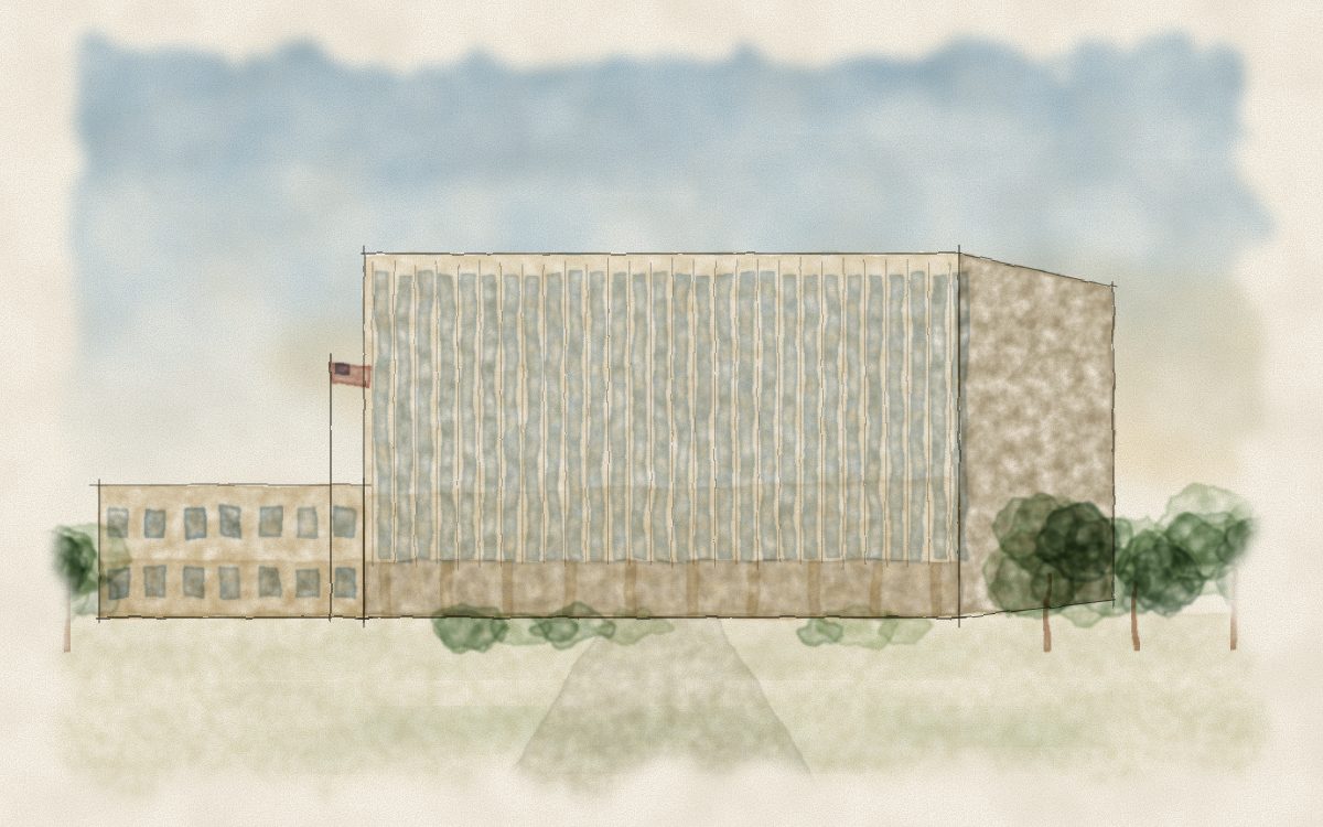 Watercolor illustration of a mid-century federal building