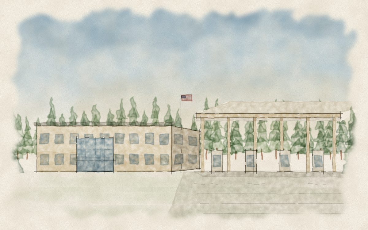Watercolor illustration of a land port of entry
