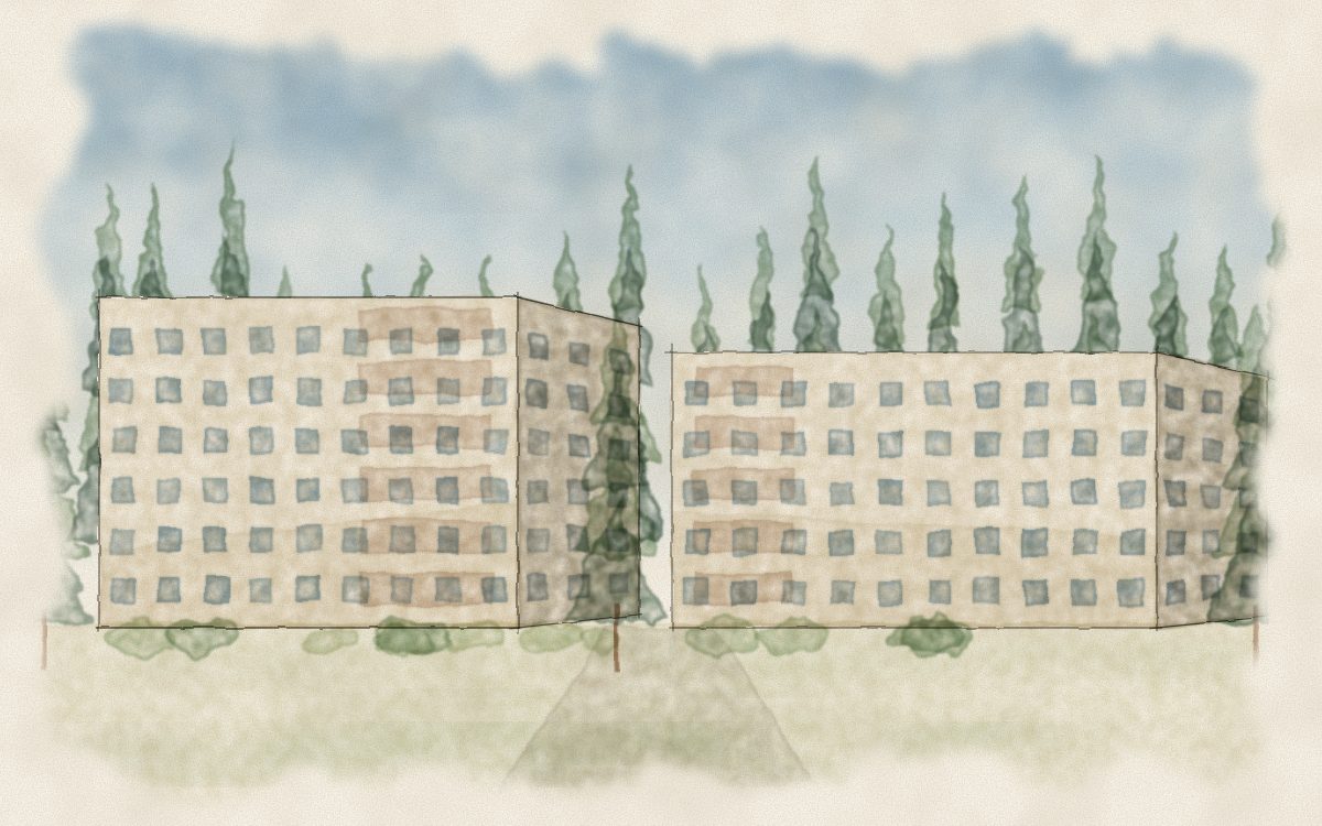 Watercolor illustration of student housing among redwoods