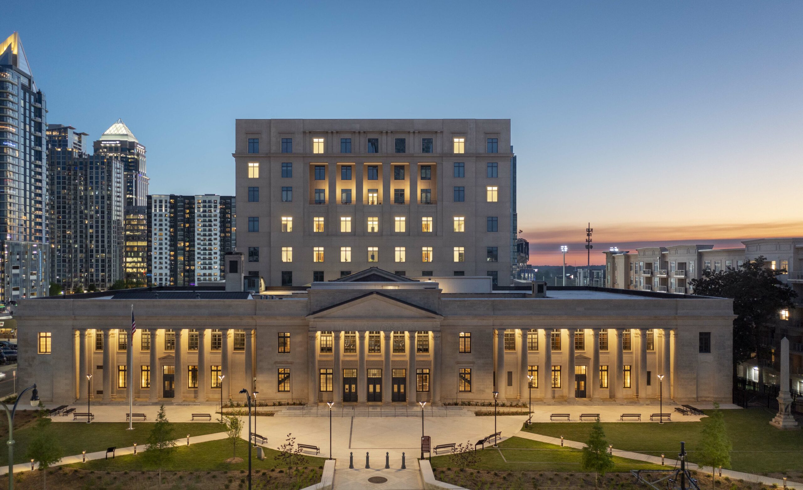 Charles R. Jonas Federal Courthouse at dusk