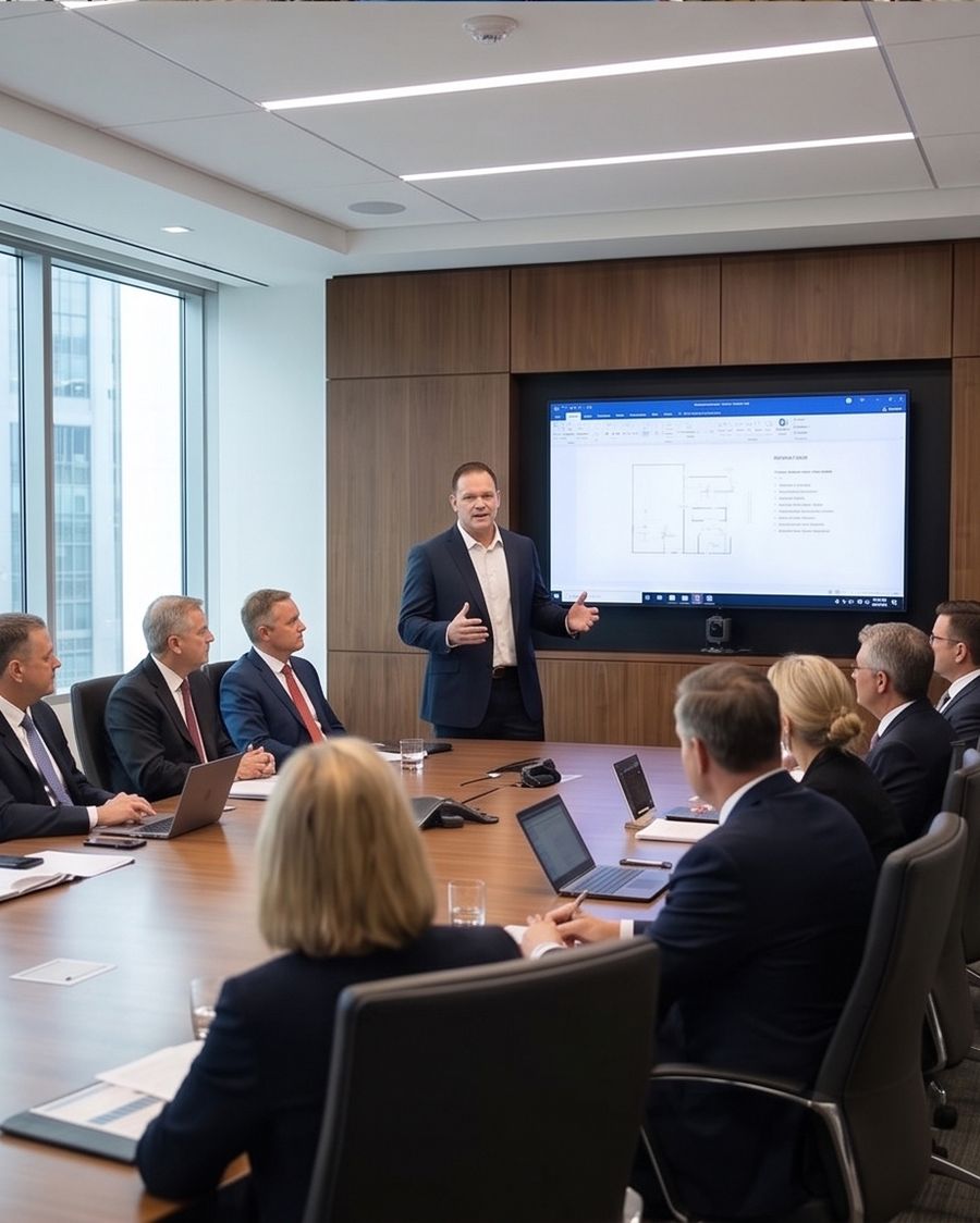 Peter Sheridan presenting a schedule to an executive board
