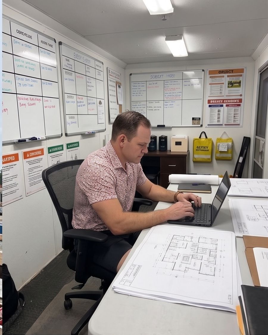 Peter Sheridan working on schedules in the field office